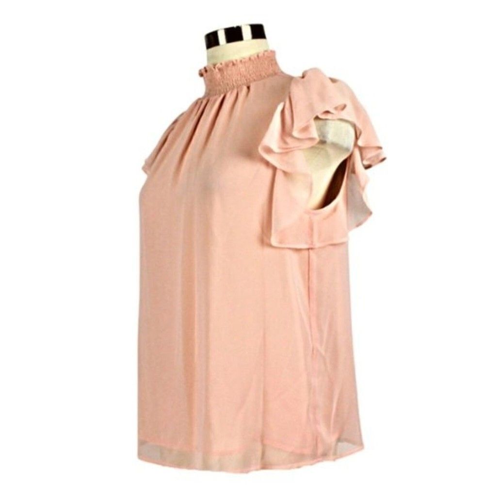 Top High Collar Ruffled Short Flutter Sleeves Keyhole Button Closure Pink Medium